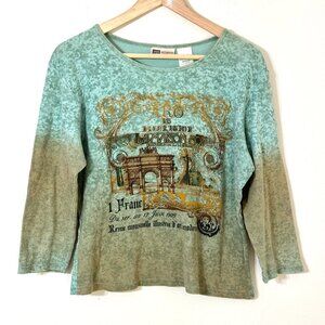 Faded Glory Y2K Ribbed Graphic Top 3/4 Sleeve Art Nouveau Grunge Paris France